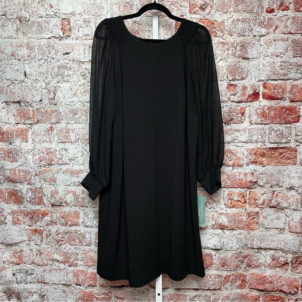 London Times Womenʻs Black Sheer Blouson Sleeve Shift Dress 14W